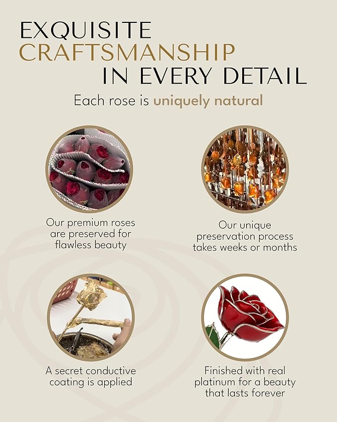 Forever Rose Real Red Rose with Platinum Trimmed Petals and Platinum Stem, Handcrafted Preserved Rose in Luxury Gold Gift Box, Romantic Gift for Her, Elegant Gift for Any Occasion