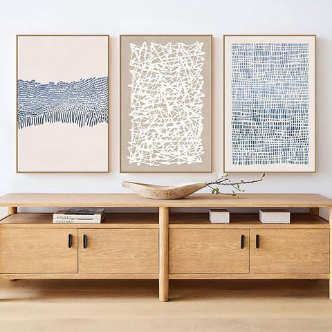 SAFERRYHOME Mid Century Neutral Blue Contrast Boho Wall Art - Modern Framed Canvas Prints Large Abstract Zen Lines Geometric Pattern Decor for Living Room, Home Office, Dining Room - 3 Pieces 24x36 Inch