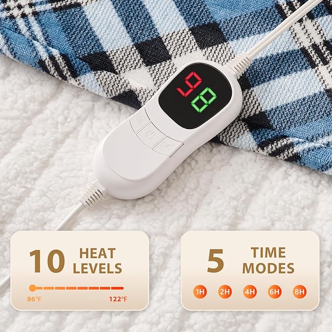 Homemate Electric Blanket Heated Throw - 50“x60“ Ultra Soft Cozy Flannel Heating Blanket with 10 Fast Heat Levels 8 Hours Auto Off Over-Heated Protection ETL Certification Keep Warm in Home Office