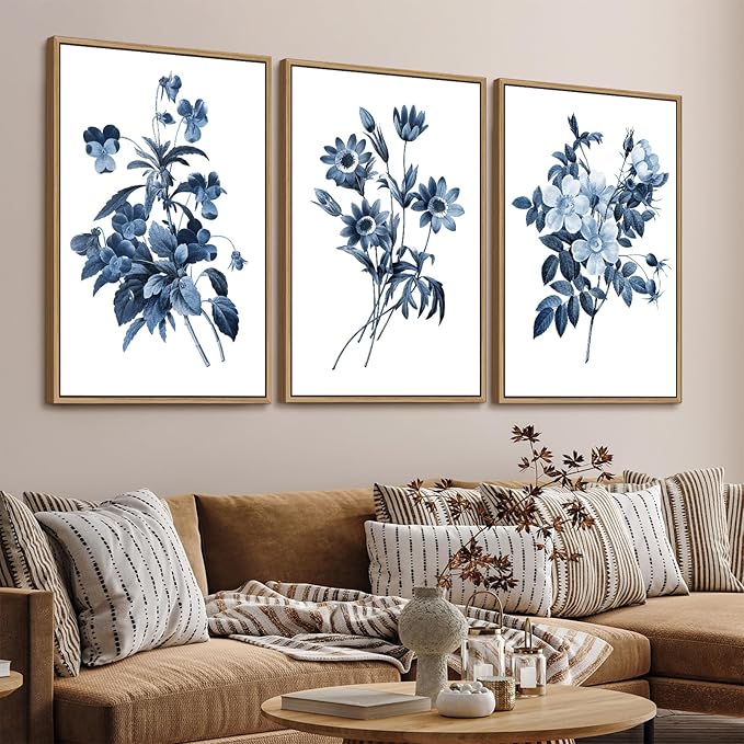 Large Framed Canvas Wall Art - Natural Float Framed Indigo Flowers Picturtes for Living Room Decor Retro Blue Floral Botanical Artwork Plants for Bedroom Kitchen Home Office Decor 72" X 36" Set of 3