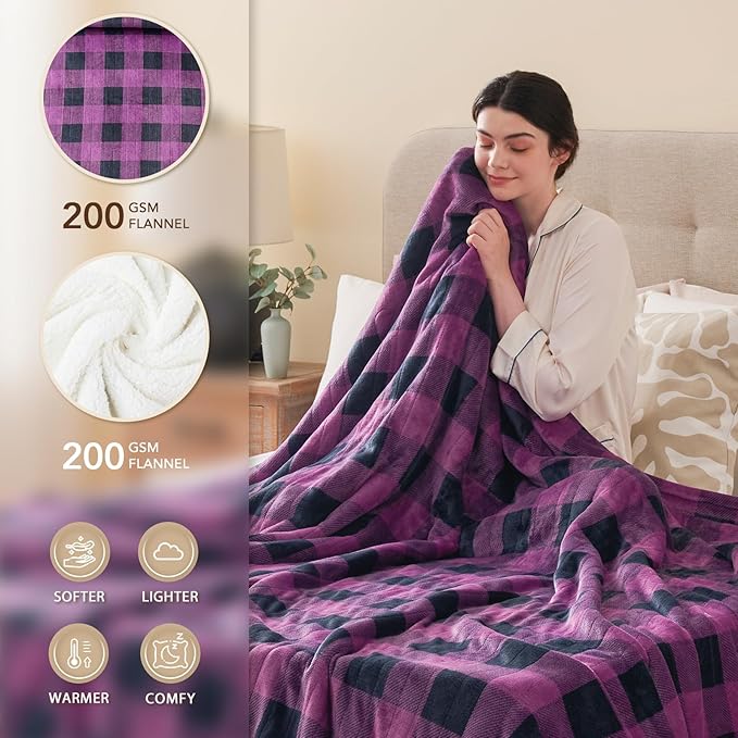 Homemate Electric Blanket Heated Throw - 50“x60“ Ultra Soft Cozy Flannel Heating Blanket with 10 Fast Heat Levels 8 Hours Auto Off Over-Heated Protection ETL Certification Keep Warm in Home Office