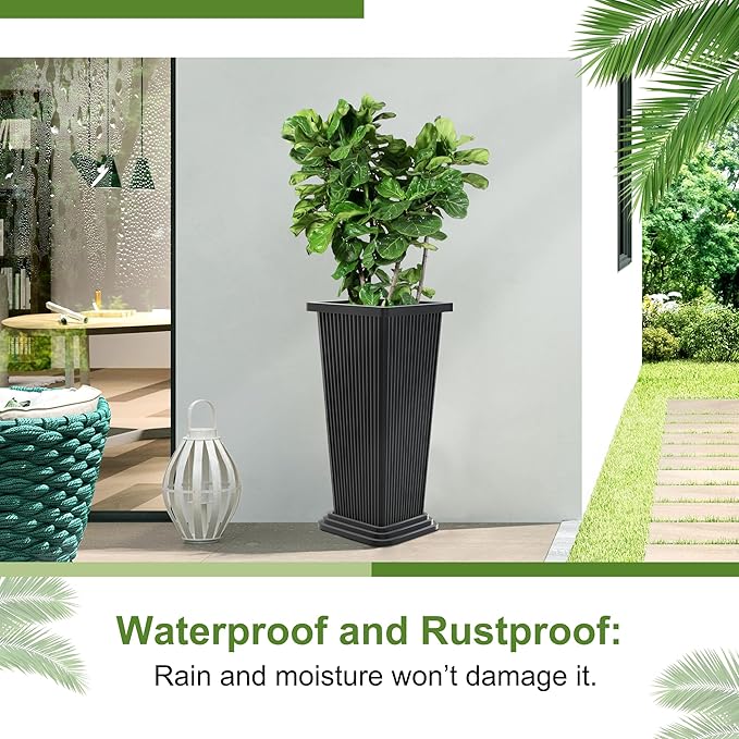 24-Inch Tall Planters Set of 2 for Outdoor and Indoor Use,Tapered Flower Pots with Drainage Tray, Front Porch and Patio Decor,Ideal for Large Plants (Stripes-Black)