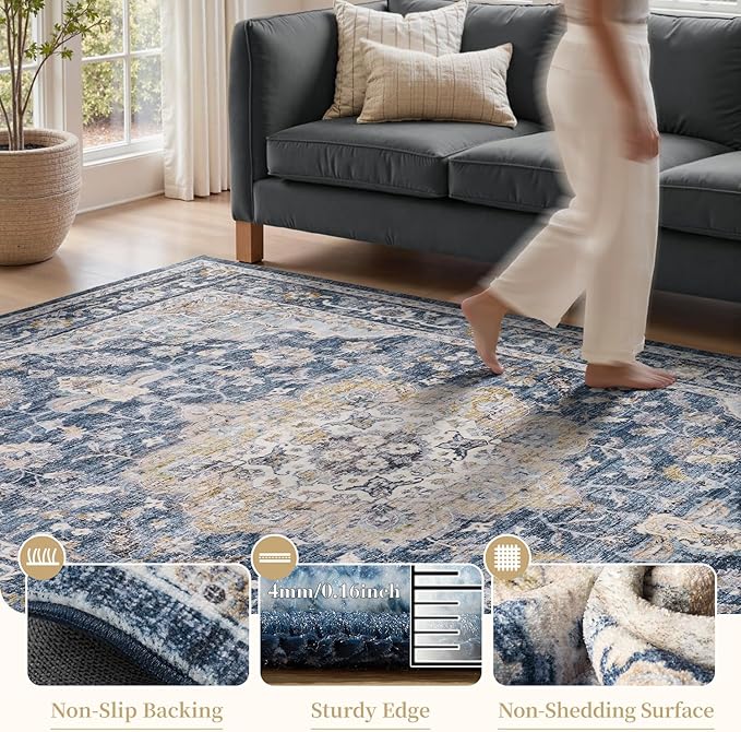 PADOOR-Vintage Runner Rug 2X10 Runners for Hallways-Soft Blue Washable Bedside Rugs for Bedroom-Non Slip Long Rug for Hallways Entryway Laundry Room Stair Kitchen Bathroom