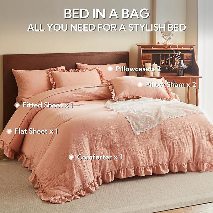 MR&HM King Comforter Set 7 Pieces, Soft Ruffled Bedding Set Coral Pink, Farmhouse Shabby Chic Bed in a Bag with 1 Comforter, 1 Flat Sheet, 1 Fitted Sheet, 2 Pillowcases & 2 Pillow Shams