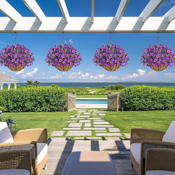 Alynsehom 2 Set Artificial Flowers with Hanging Basket, 2 Outdoor Hanging Plants with 24pcs Faux UV Resistant Fake Silk Azalea in Baskets for Porch Garden Patio Balcony Yard Home Decor(Mix Purple)