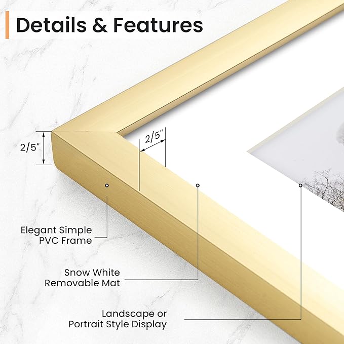 11x14 inch Picture Frame, 11x14 Photo Frames with 8x10 Removable Mat - High Definition Plexiglass - Vertical and Horizontal Display - Wall Hanging Frame - Gold, 5 Pack