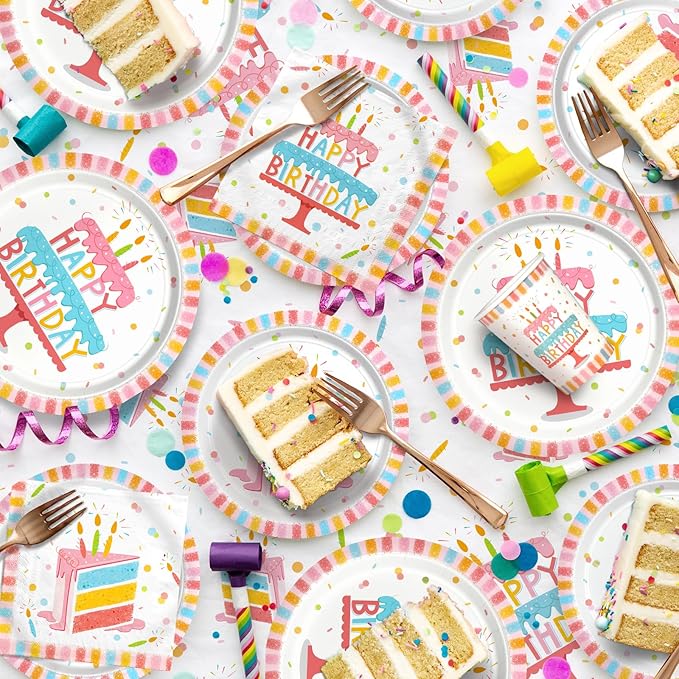 Happy Birthday Party Supplies Set for 25 -Kit with Cake Design Includes Plates, Napkins, Cups, Tablecloth & Banner - for Boys & Girls Birthday Party Decorations
