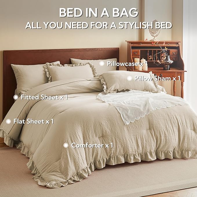 MR&HM Ruffle Comforter Set, Twin Comforter Sets for College Dorm,Linen Boho Bed in a Bag Set 5 Pieces with 1 Comforter,1 Flat Sheet, 1 Fitted Sheet,1 Pillowcases & 1 Pillow Shams for All Seasons