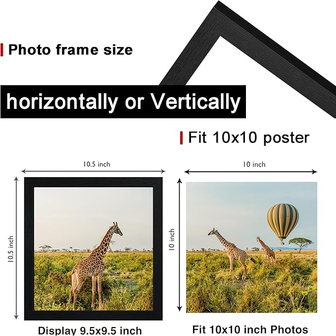 10 x10 Picture Frame Set of 3, Black Wooden Frame 10 x10 Square Wall Gallery Poster Photo frame with Horizontal and Vertical Formats for Wall Hanging best gift