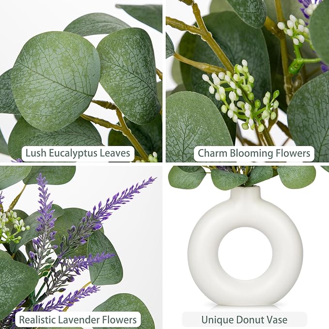 Artificial Eucalyptus Stems in Ceramic Vase 14.23" Fake Eucalyptus Plant Decor White Donut Vase with Greenery Centerpiece Table Decorations Small Faux Green Plant for Home Farmhouse Wedding Table