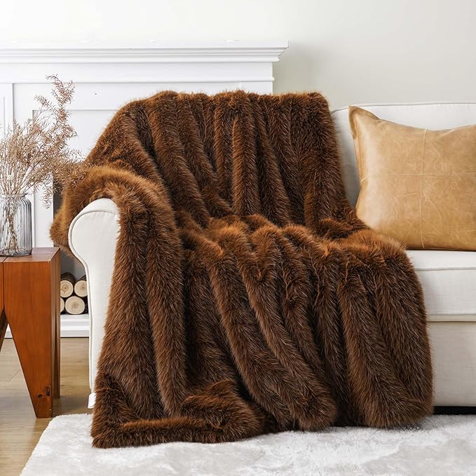 BATTILO HOME Luxury Fluffy Faux Fur Throw Blanket, Large Golden Brown Fake Fur Blanket for Bed, Sofa, Chair, Bed, Silky Elegant Fuzzy Fur Throws with Long Pile, 60"x80"