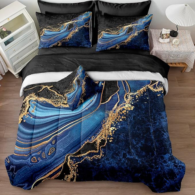 Blue and Gold Bedding Blue Marble Comforter Set 8 Pieces Queen Bed in a Bag with 1 Black Gold Comforter, 1Flat Sheet, 1 Fitted Sheet, 4 Pillowcases, 1 Marble Cushion Cover