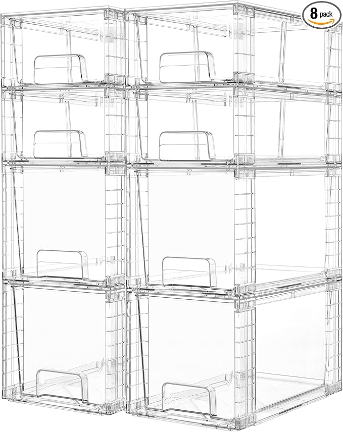 Vtopmart 8 Pack Clear Stackable Storage Drawers,Easy to Assemble Bathroom Organizers and Storage with handles,Plastic Drawers for Kitchen Pantry,Cabinet,Under Sink Organization