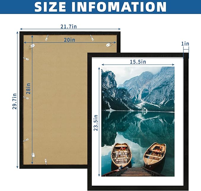 20x28 Picture Frame Set of 2, Rustic Black Wood Style - Display 16x24 Picture with Mat or 20 x 28 Poster without Mat, Wall Mounting Horizontal and Vertical