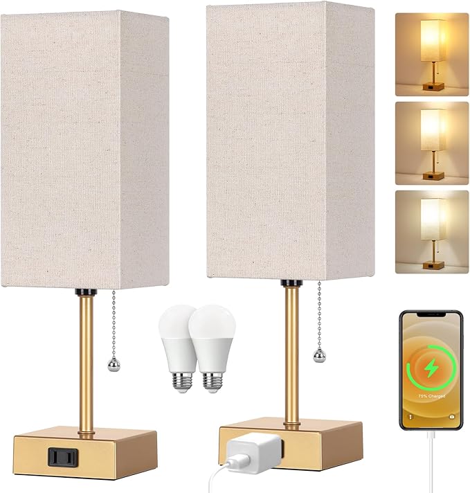 Table Lamp for Bedroom set of 2,3-Color Bedside Lamps with Pull Chain Table Lamps for Nightstand with AC Outlets,Small Night Light Lamps with 2 Bulbs Lamps for Living Room Kids Room Office Decor（Gold）