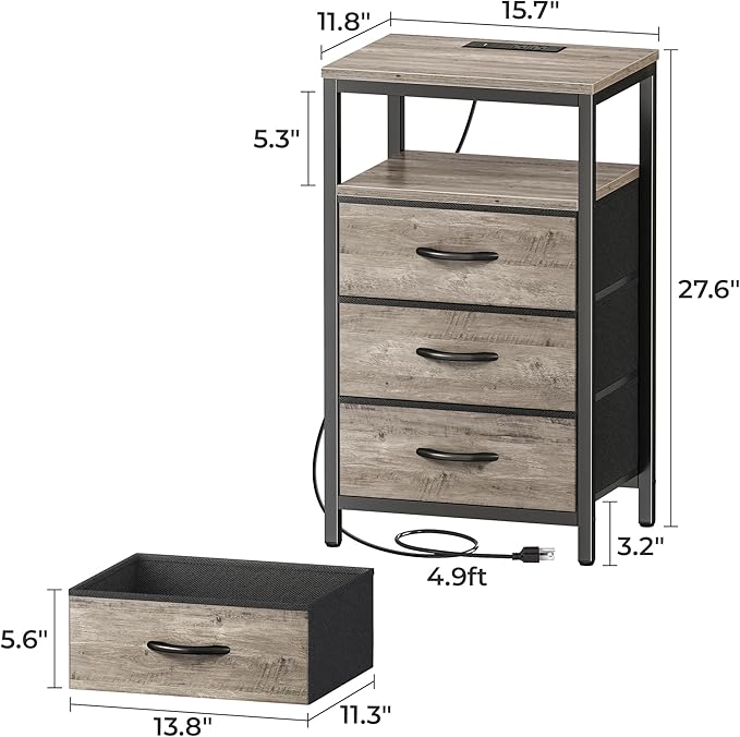 Huuger Nightstand with Charging Station, 27.6 Inch End Table Bedside Table with USB Ports and Outlets, Night Stand for Bedroom, Fabric Drawers, Oak