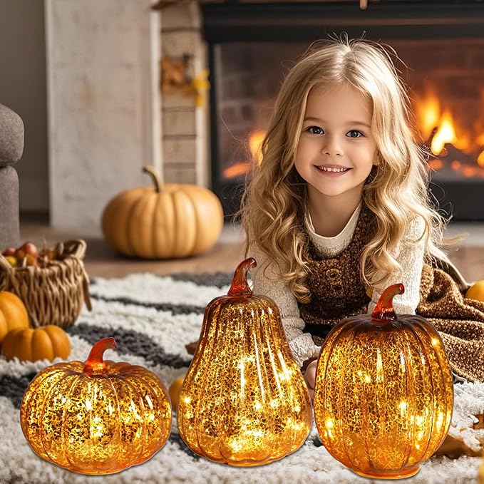 Fall Lighted Glass Pumpkins Set of 3 – Battery Operated Mercury Glass Pumpkin Decor with LED Lights, Autumn Thanksgiving Halloween Table Centerpiece Decorations for Home, Fireplace, Mantel, 8"/7"/6"