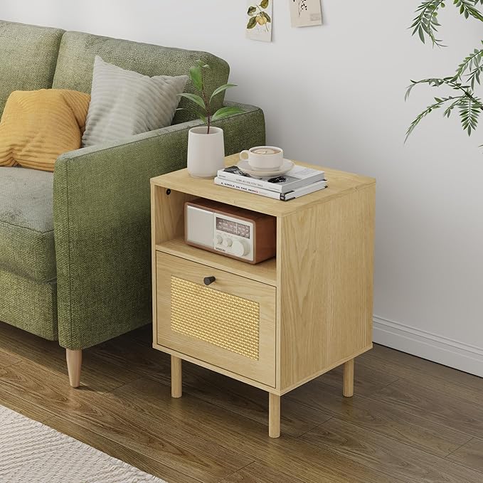 Rattan Nightstand with Storage Boho Modern Farmhouse Bedside Table with Drawer & Open Shelf Light Wood End Table for Bedroom, Living Room, Office, Dorm - Natural Walnut 0ak Color
