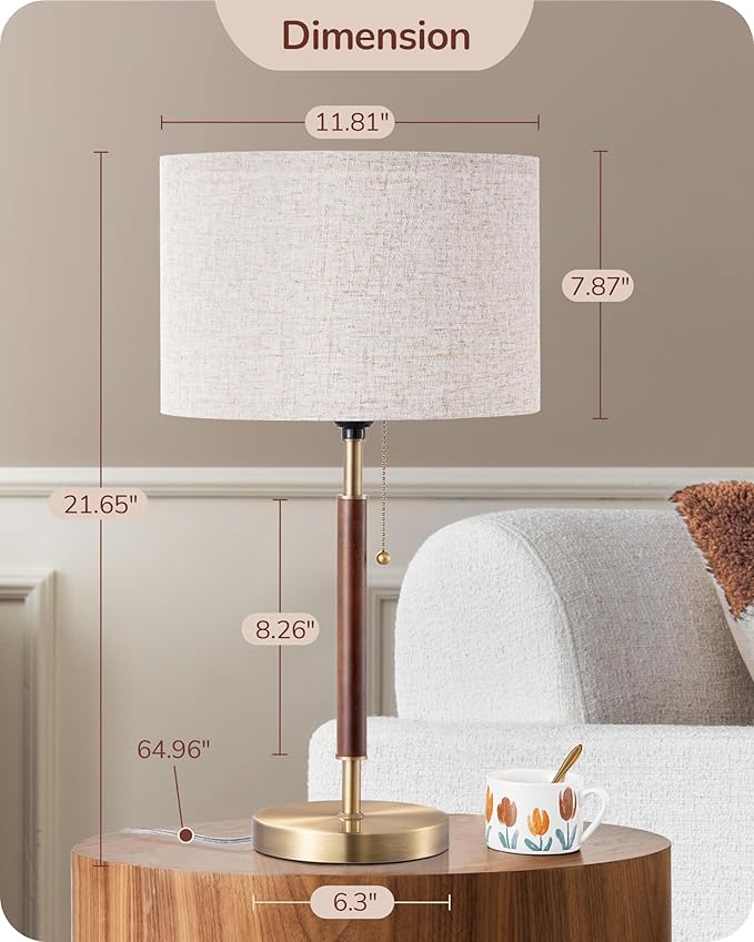 EDISHINE Mid Century Table Lamp Set of 2, Pull Chain Switch Bedside Lamp, Linen Shade, Solid Wood Pole & Bronze Brushed Metal Base, Modern Nightstand Lamp for Bedroom, Living Room, Office, E26 Base