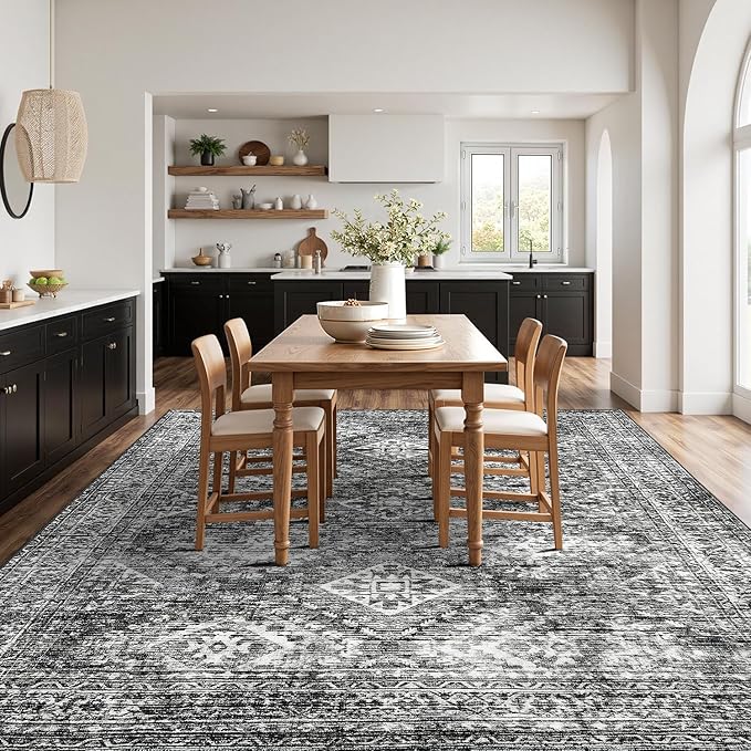 MIULEE 9x12 Vintage Washable Area Rugs Living Room Rug Low Pile Boho Farmhouse Floor Mat for Bedroom Dining Room Under Kitchen Table, Non-Slip Stain Resistant Soft Large Carpet for Home Decor, Black