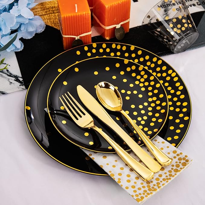 U-QE 350PCS Black and Gold Plastic Dinnerware Set - Graduation Plates and Napkins 2025 - Graduation Party Supplies Include Gold Dot Plastic Plates, Gold cutlery, Napkins, Cups(50 Guests)