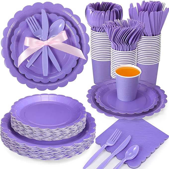 350 Pcs Purple Plates and Napkins, 50 Guest Lavender Party Supplies Include Scalloped Paper Plates Napkins Cups Plastic Spoons Forks Knives Disposable Tableware Set for Baby Shower