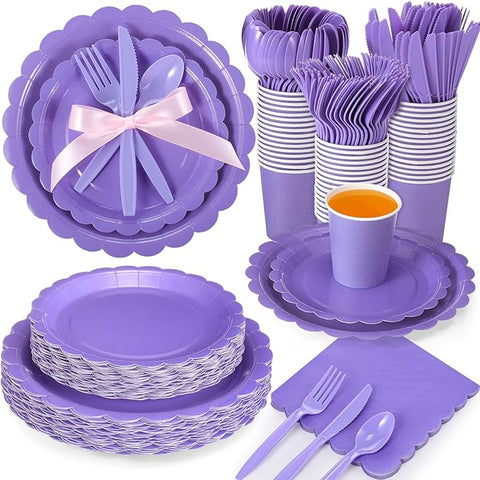 350 Pcs Purple Plates and Napkins, 50 Guest Lavender Party Supplies Include Scalloped Paper Plates Napkins Cups Plastic Spoons Forks Knives Disposable Tableware Set for Baby Shower