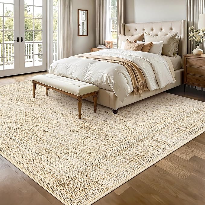 MIULEE 8x10 Vintage Washable Area Rugs Living Room Rug Low Pile Boho Floor Mat for Bedroom Dining Room Under Kitchen Table, Non-Slip Stain Resistant Soft Large Carpet for Home Decor, Neutral Beige