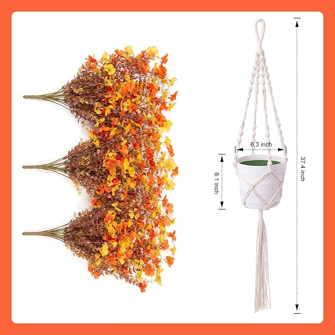 Artificial Fake Hanging Flowers Plants with Hanging Pot for Fall Outdoor Decor, Faux Silk Daisy Flowers in Planter Boxwood No Fade Fake Mums for Farmhouse Home Garden Autumn Plants(Yellow Orange)