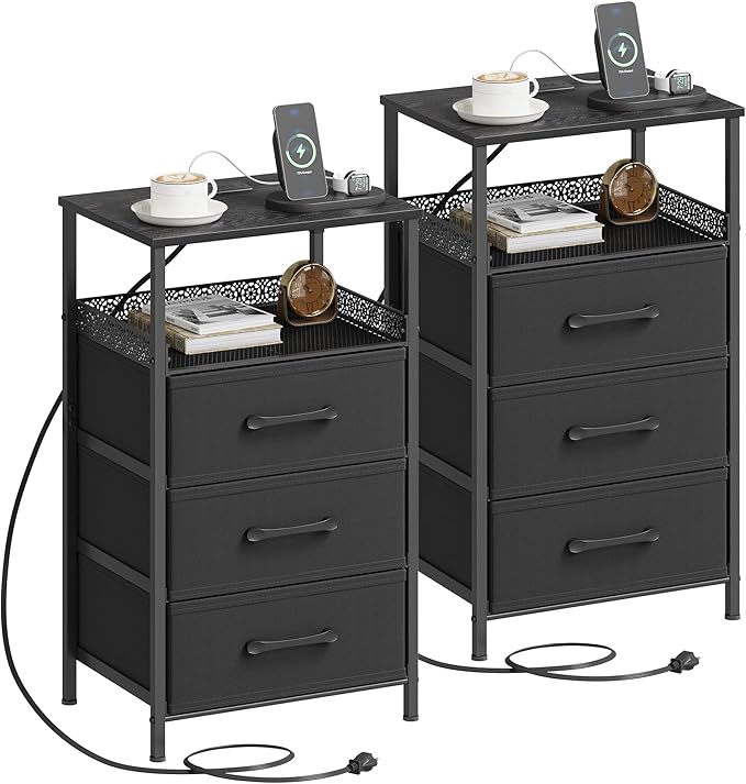 Night Stand Set 2 with Charging Station, Nightstands with 3 Fabric Drawers, End Table with Outlets and USB Ports, Side Table with Open Storage Shelf, Bedside Tables for Bedroom, Black