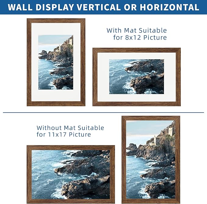 11x17 Frame Set of 2, Rustic Brown Wood Style - Display 11 x 17 Poster without Mat or 8x12 Picture with Mat, Wall Mounting Horizontal and Vertical