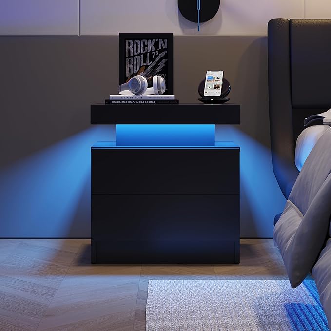 Black Nightstands Set of 2 LED Night Stand Set 2 Modern Bedside Table with 2 Drawers Side Table with LED Lights for Bedroom,Living Room