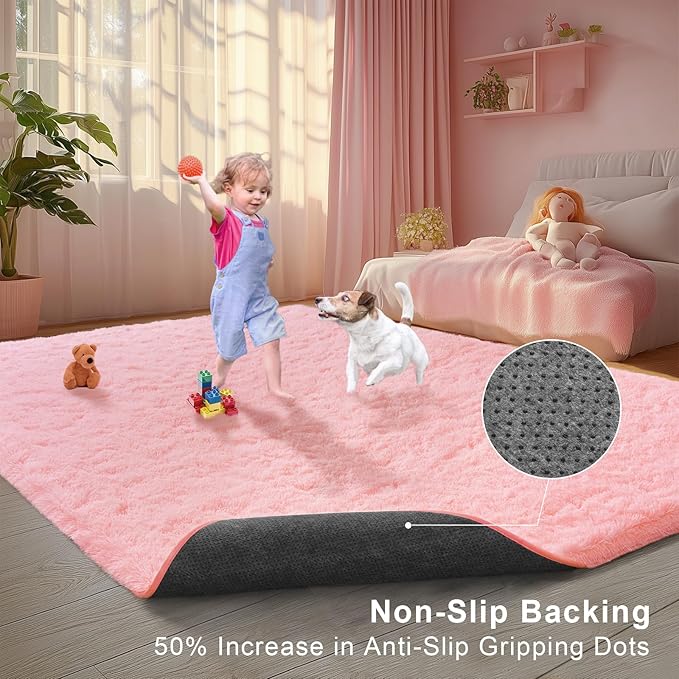 Pink Area Rugs for Girls Bedroom, 8x10 Fluffy Fuzzy Shaggy Carpet for Kids Playroom Nursery Living Room, Thick Soft Plush Mat for Kids Baby Boys Teen Dorm Home Decor Aesthetic