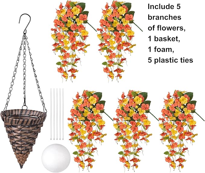 Artificial Fake Fall Hanging Flowers Plants Baskets for Outdoor Decoration, 5Pcs Faux Silk Hibiscus Long Vines in Planter Look Real for Outside Home Porch Patio Garden (YellowOrange)