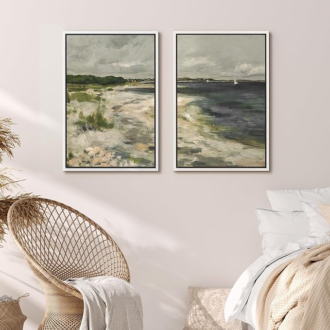 MUDECOR Framed Canvas Print Wall Art Coastal Shoreline with Lush Dunes Serene Beach Landscape Nature Wilderness Illustrations Realism Decorative for Living Room, Bedroom, Office - 16"x24"x2 White