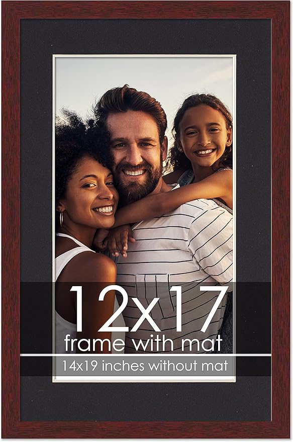 12x17 Frame with Mat - Brown 14x19 Frame Wood Made to Display Print or Poster Measuring 12 x 17 Inches with Black Photo Mat
