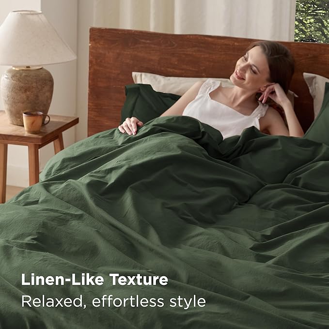 Bedsure 100% Washed Cotton Duvet Cover Oversized King - Olive Green Minimalist Duvet Cover Linen Like - GentleSoft™ Plain Simple Bedding, 3 Pieces (Olive Green, Oversized King, 120"x98")