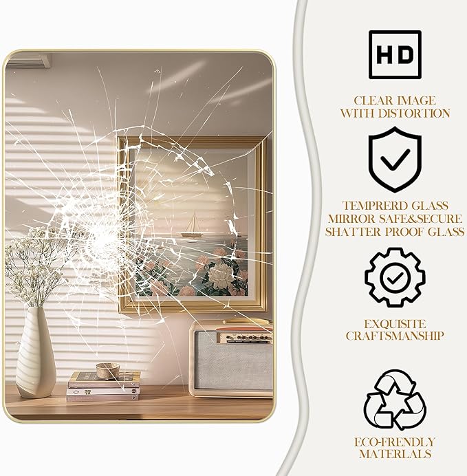 28×32 Glod Bathroom Mirror, Rectangular Bathroom Vanity Mirror for Wall with Rounded Corners & Aluminum Alloy Frame, Tempered-Glass, Modern, Farmhouse, Horizontal/Vertical, Entryway, Bedroom
