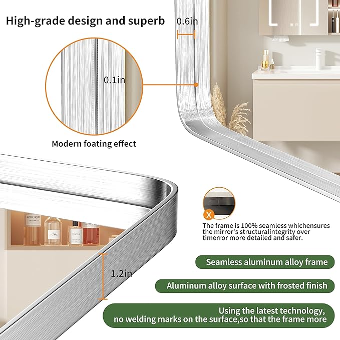 22X34 Inch Brushed Nickel Bathroom Mirror for Wall, Brushed Silver Metal Framed Mirror, Rounded Rectangle Silver Bathroom Mirrors, Tempered Glass, Anti-Rust, Hangs Horizontally or Vertically