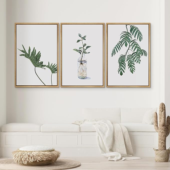 SIGNWIN Framed Wall Art Print Set Trio of Jungle Palms & Snake Succulents Floral Plants Photography Modern Art Minimalist Black and White for Living Room, Bedroom, Office - 24"x36"x3 Natural