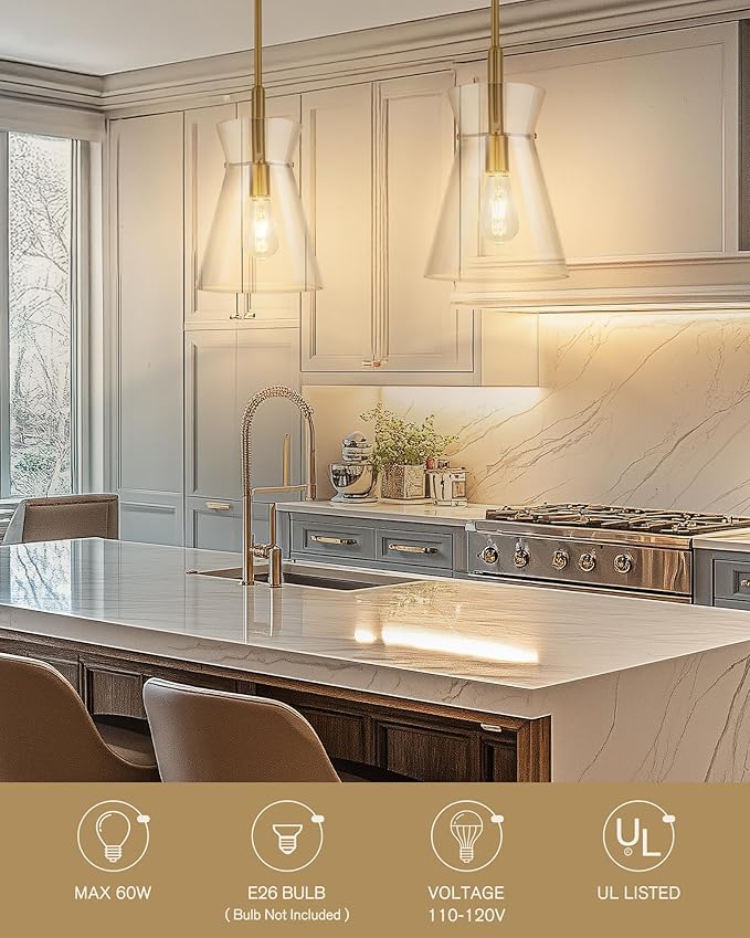 Emak 9 Inch Modern Pendant Lights Kitchen Island, Brushed Gold Pendant Light with Clear Glass Shade, Large Hanging Light Fixture for Kitchen, Dining Room, Bathroom, PL130-BGD-CG