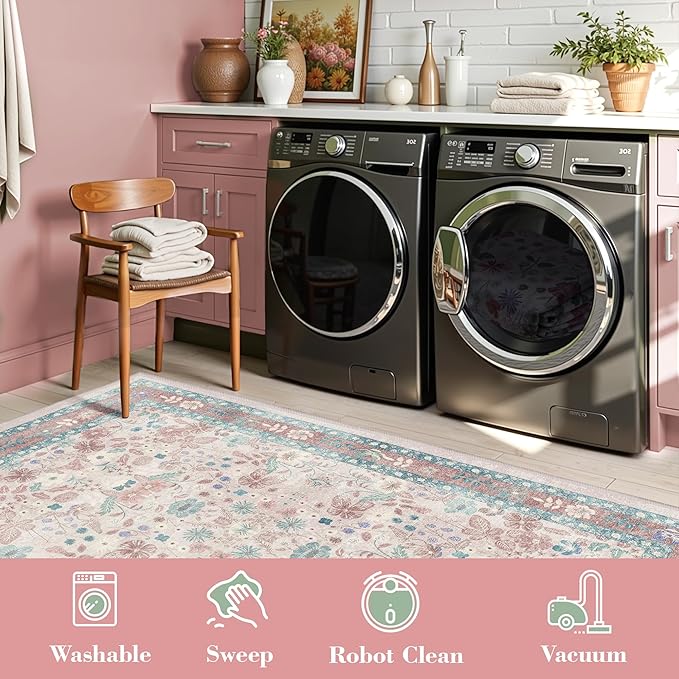 Pink Floral Area Rug 6x9 for Living Room Deerly Boho Vintage Large Washable Non-Slip Bedroom Carpet Low Pile Thin Floor Mat Indoor for Playroom Nursery Kids Girls Room Farmhouse, Light Pink/Blue/Multi