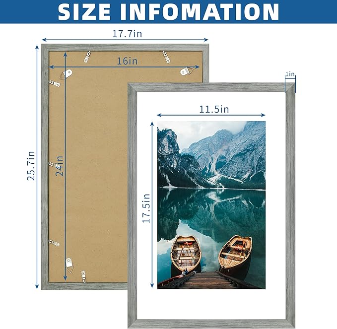16x24 Frame Set of 2, Rustic Grey Wood Style - Display 16 x 24 Picture without Mat or 12x18 Picture with Mat, Wall Mounting Horizontal and Vertical