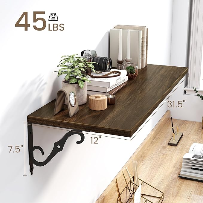 Deep Floating Shelves for Wall, 32"W x 8"D Wall Shelves, 12 Inch Deep Floating Shelf with Bracket, 32 Inch Floating shelves Set of 2, Rustic Shelves for Living Room, Bathroom and Kitchen, Walnut