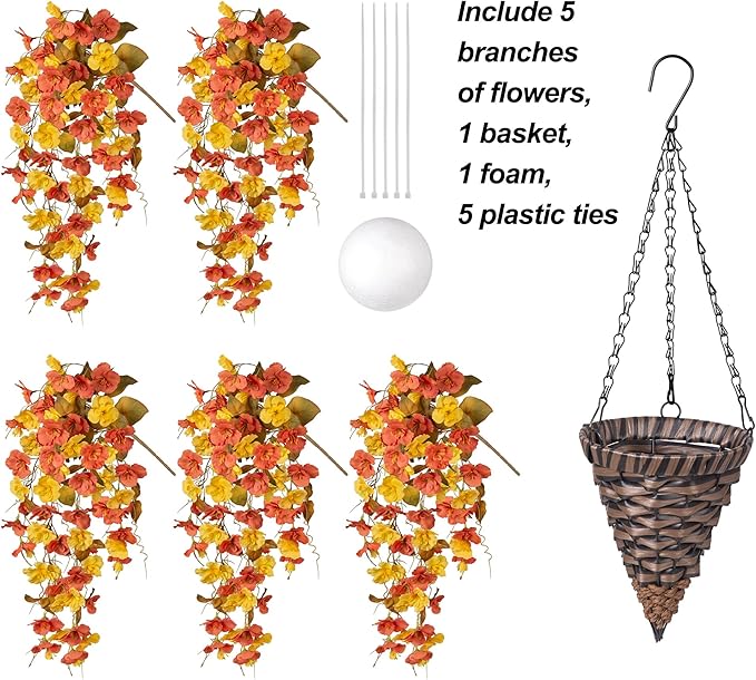 Ivydale Artificial Hanging Flowers with Basket for Outdoor Fall Decoration, Fake Hibiscus Vines Faux Plants Realistic Silk Flowers for Planters Outside Home Patio Porch Balcony, Fall YellowOrange