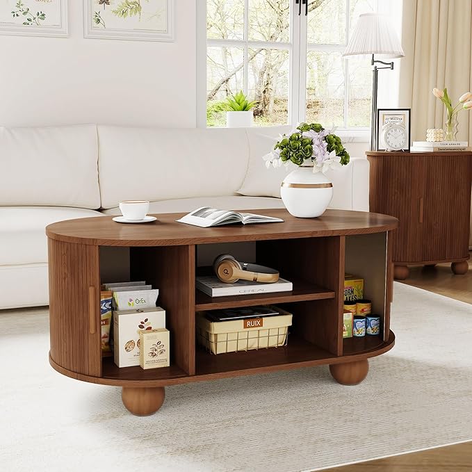 Rectangle Coffee Table, Fluted Coffee Tables for Living Room, Mid-Century Coffee Table Center Table with Storage & Sliding Doors for Apartment, Home Office (Walnut)