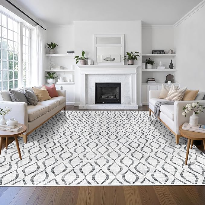 WITSHOCK 10x12 Area Rugs for Bedroom: Washable Non-Slip Soft Geometric Boho Low Pile Large Thin Indoor Rug for Living Room Dining Room, Carpet for Nursery Playroom Decor, Kid & Pet Friendly, Grey