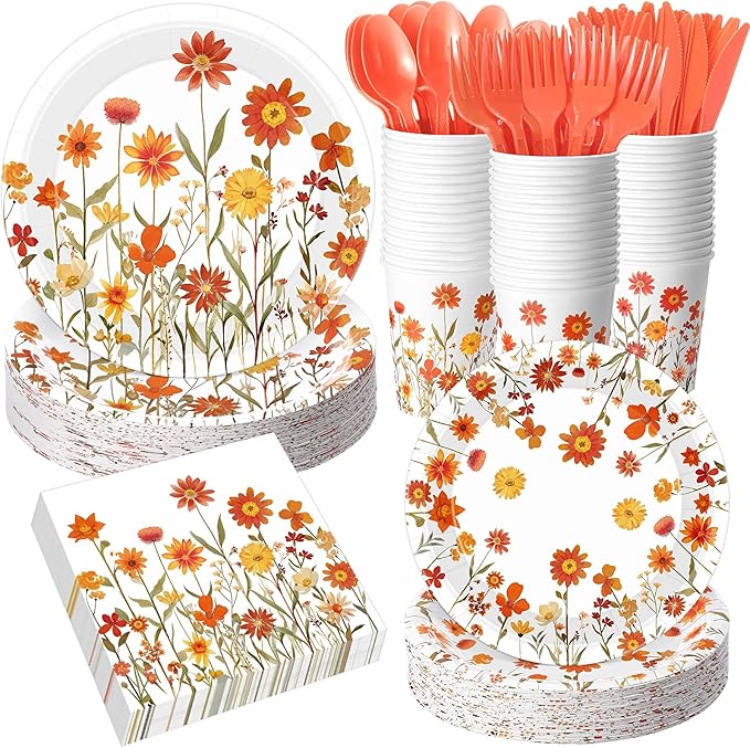 400 Pcs Fall Floral Disposable Paper Plates Napkins Cups Serve 50 Watercolor Wildflower Tableware Set for Autumn Thanksgiving Harvest Wedding Tea Party Decoration Bridal Shower Baby Shower