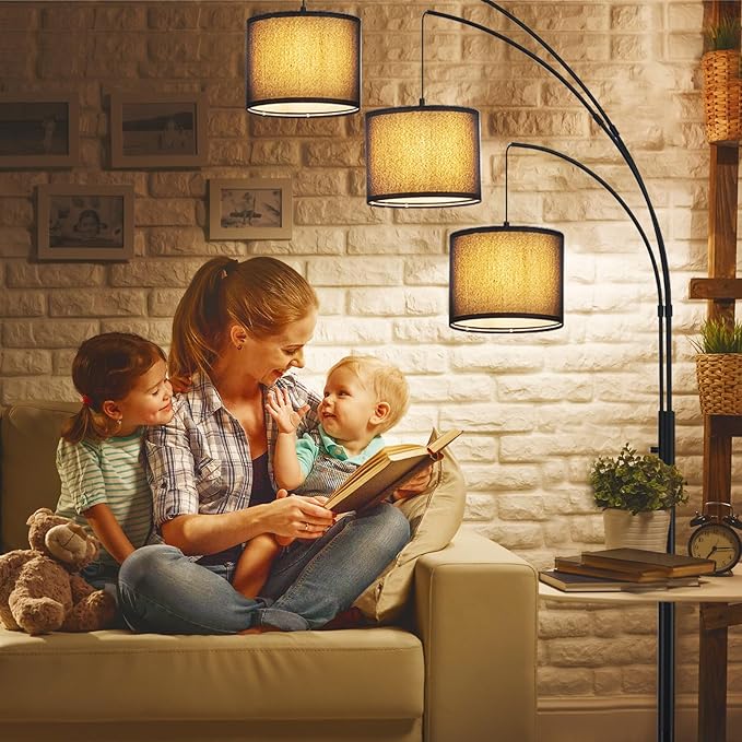 DLLT Modern Floor Lamp for Room: 3-Light Black Tree Dimmable Floor Lamps with Black Shades for Living Room - Arc Standing Lamp for Bedroom - Tall Floor Lamp for Office Corner 3 LED Bulbs Included