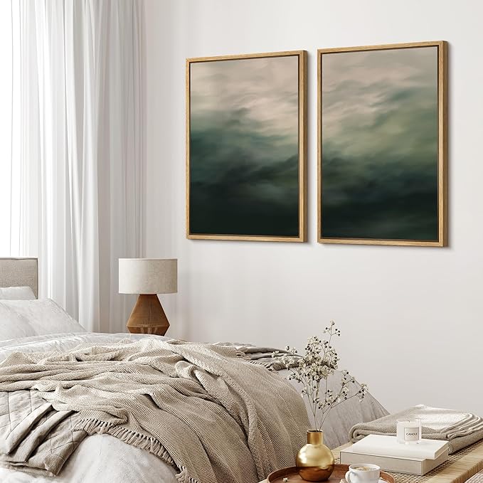 MUDECOR Framed Canvas Print Wall Art Dark Green Abstract Misty Landscape Moody Illustrations Modern Art Decorative Chic for Living Room, Bedroom, Office - 24"x36"x2 Natural